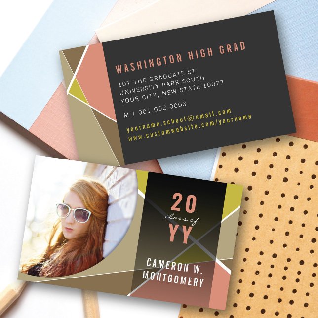Cartão De Contato Rubor Linhas Geométricas Modernas Foto Graduada (Pink Stylish Geometric Criss Cross Photo Graduation Calling/Name Card @ zazzle.com/color_therapy)