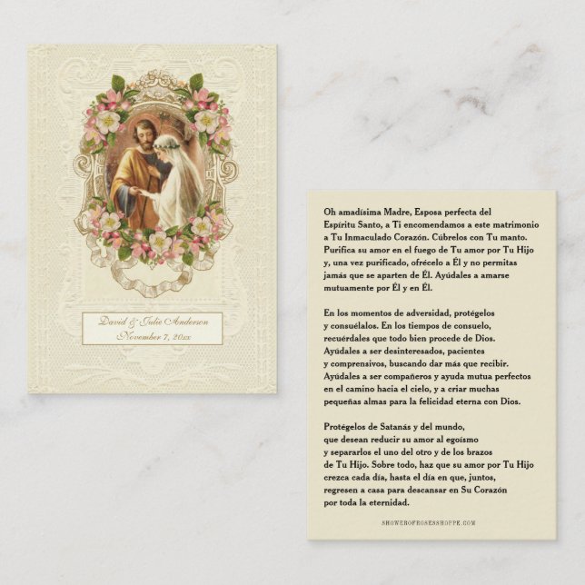Cartão De Contato Spanish Catholic Wedding Prayer Holy Card (Frente/Verso)