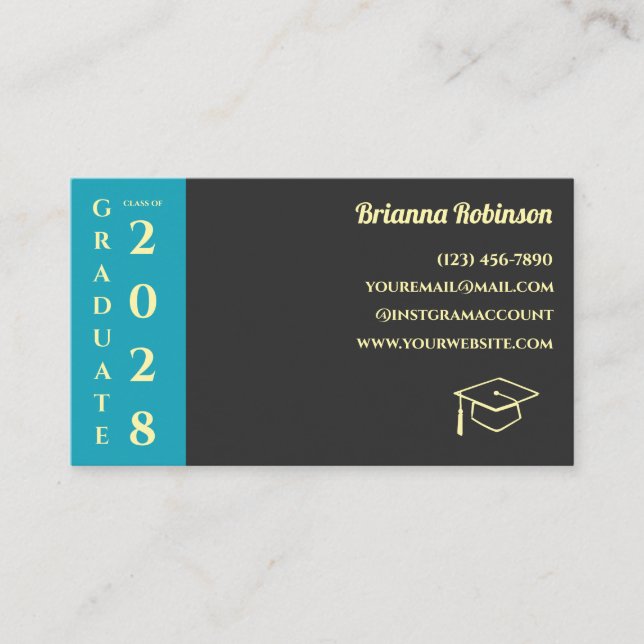 Cartão De Contato Turquoise Photo Modern Graduation Name Card (Frente)