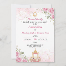 Cartão de convite Anand Karaj com flores rosa