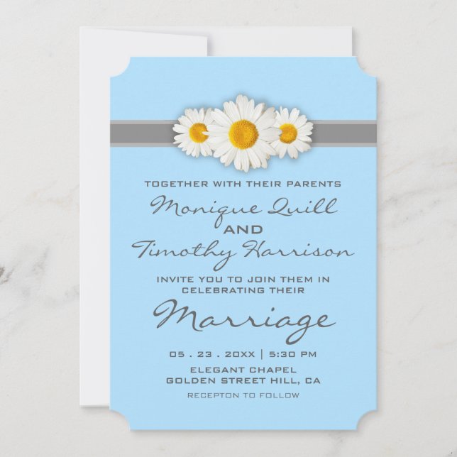 Cartão de Convite Azul De Casamento Daisy Ribbon (Frente)