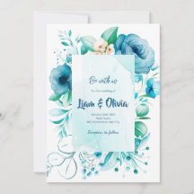 Cartão de Convite Azul de Casamento Floral de Aqua