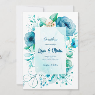 Cartão de Convite Azul de Casamento Floral de Aqua