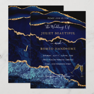 Cartão de Convite Azul Dourado de Casamento de Aga