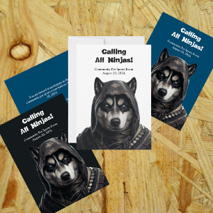 Cartão de Convite Cachorro Husky Ninja Preto e Bra