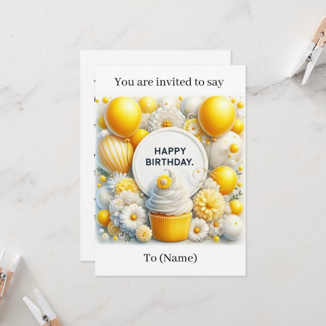 cartão de convite de aniversário com cupcake e bal (Frente/Verso In Situ)