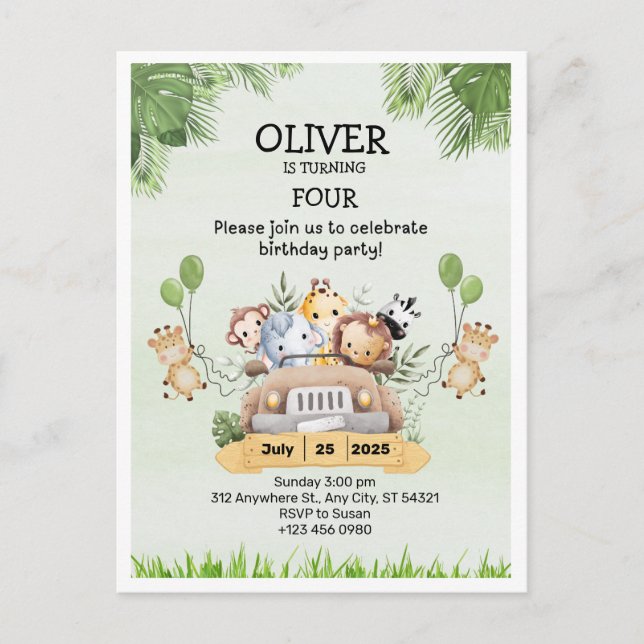 Cartão de Convite de Aniversário de 4 anos Safari  (Frente)