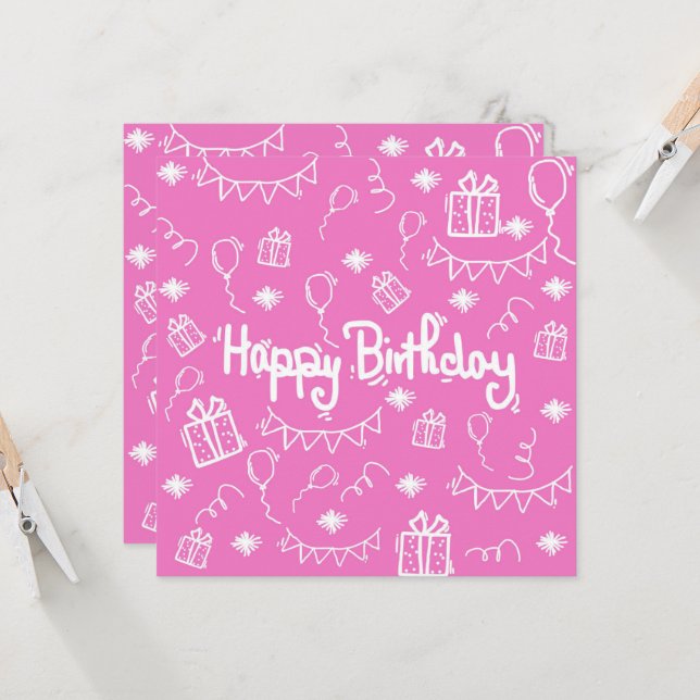 cartão de convite de aniversário de desenhado à mã (Frente/Verso In Situ)