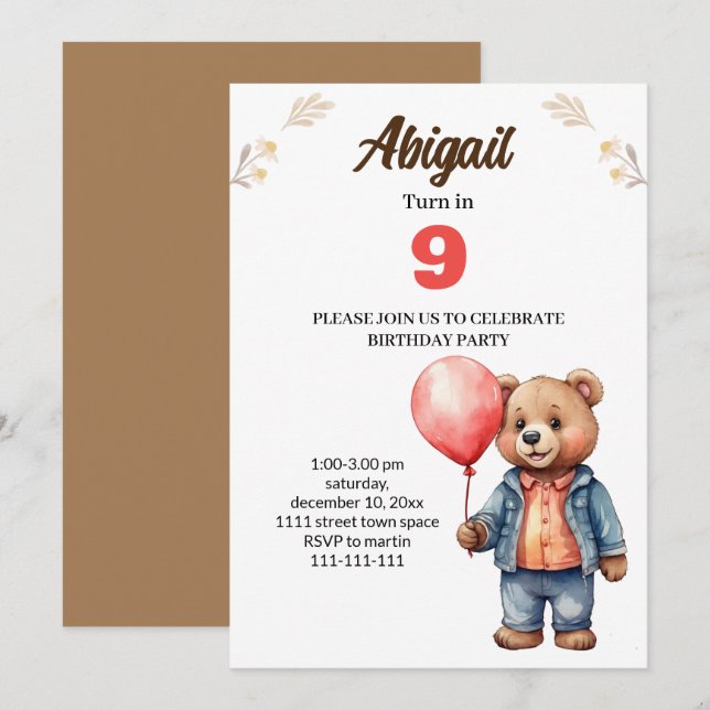 cartão de convite de aniversário de urso fofo (Frente/Verso)