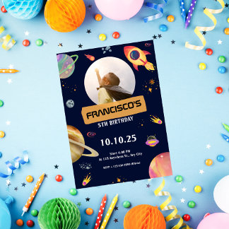 Cartão de convite de aniversário Espaço Azul