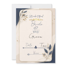 Cartão de Convite de Casamento Azul e Dourado da M
