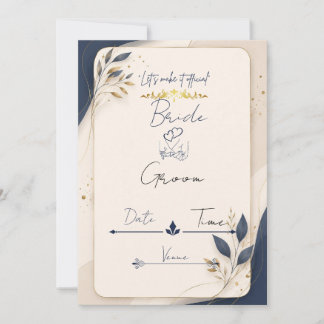 Cartão de Convite de Casamento Azul e Dourado da M