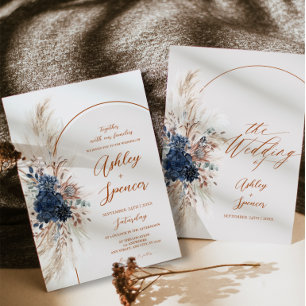 Cartão de Convite de Casamento Boho Navy Pampas