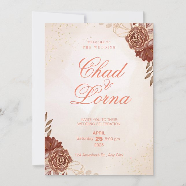Cartão de Convite de Casamento com Flor Rosa em Aq (Frente)