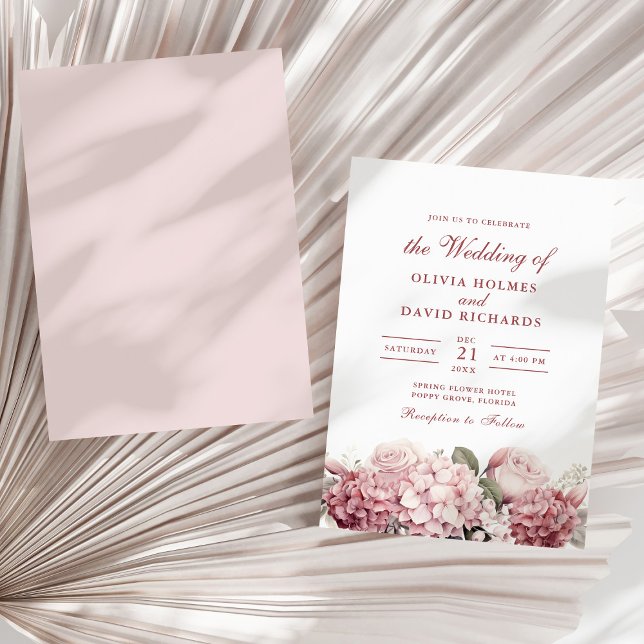 Cartão de Convite de Casamento com Hortênsia Rosa  (Modern Dusty Rose Hydrangea Wedding Invitation on a sunny neutral dry palm leaf.)
