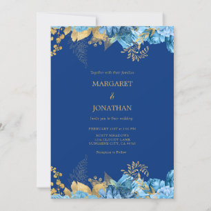 Cartão de Convite de Casamento Floral Azul e Doura