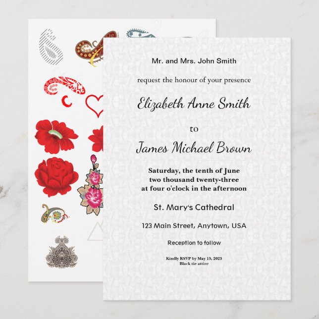 Cartão de Convite de Casamento Floral Clássico Ele (Frente/Verso)