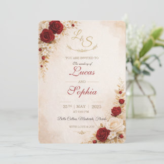 Cartão de Convite de Casamento Floral Vermelho