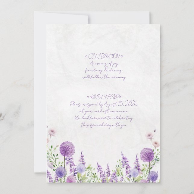 Cartão de Convite de Casamento Flores Roxas (Verso)