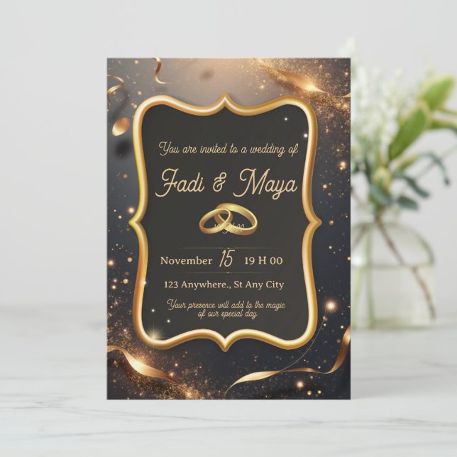 Cartão de convite de casamento preto (Em pé/Frente)