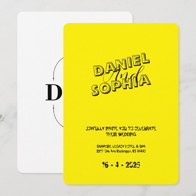 Cartão de convite de casamento retrô amarelo (Frente/Verso)