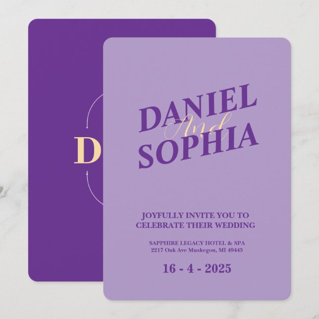 Cartão de convite de casamento retrô roxo (Frente/Verso)