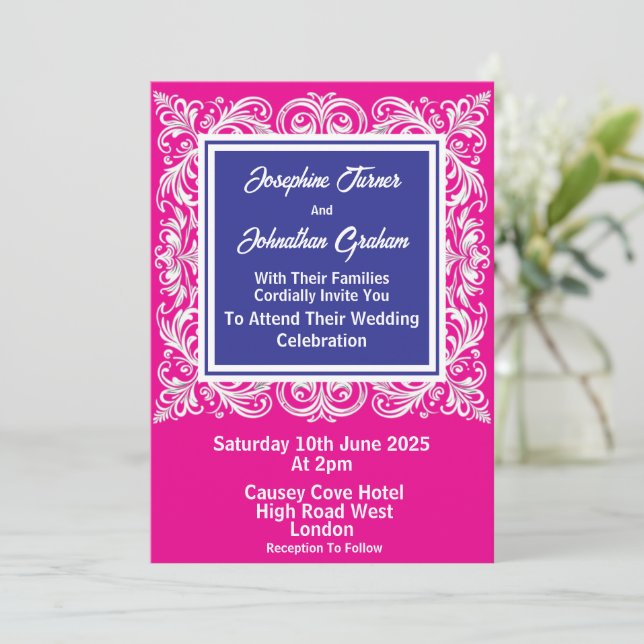 Cartão de Convite de Casamento Rosa Totalmente Per (Em pé/Frente)