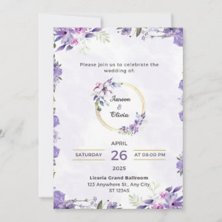 Cartão de convite de casamento roxo-floral plano