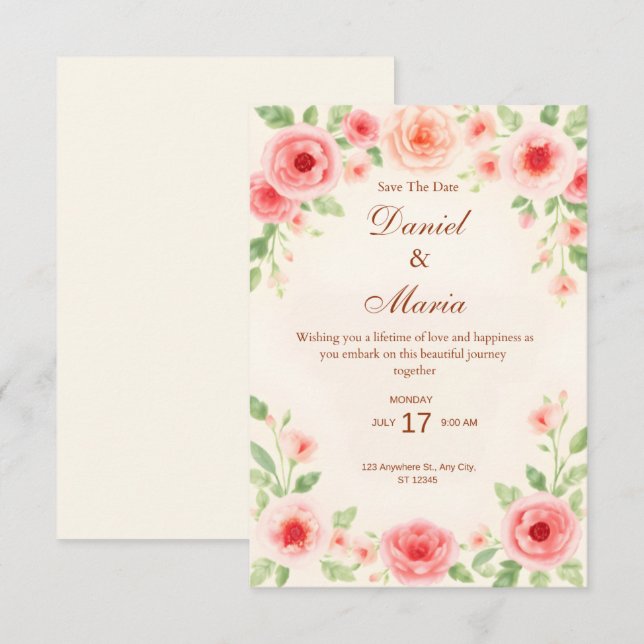 Cartão de Convite de Casamento Simples Rosa (Frente/Verso)