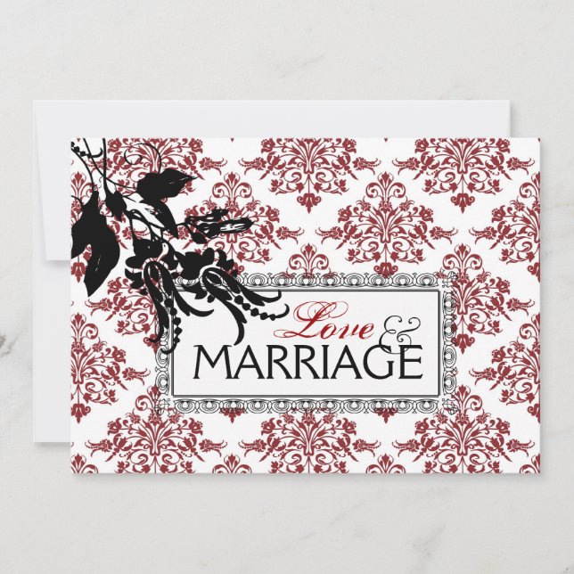 Cartão de Convite de Casamento Vermelho Brocade (Frente)