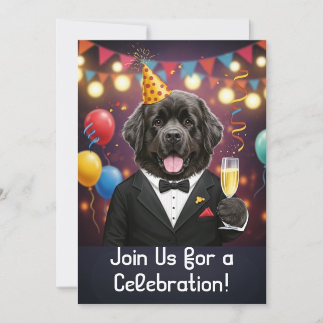 Cartão de Convite de Festa com um Cão Terra-Nova (Frente)