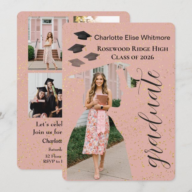 Cartão de Convite de Formatura Brilhante com Fotos (Frente/Verso)