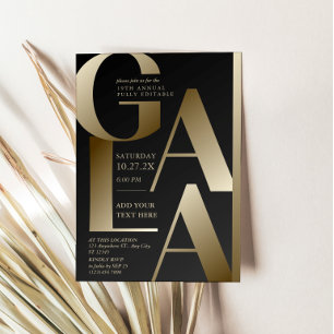 Cartão de Convite de Gala Preto e Dourado de Luxo