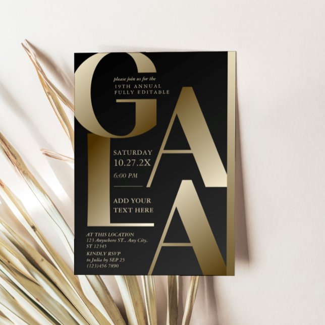 Cartão de Convite de Gala Preto e Dourado de Luxo (Luxury Black and Gold Gala Invitation Card)