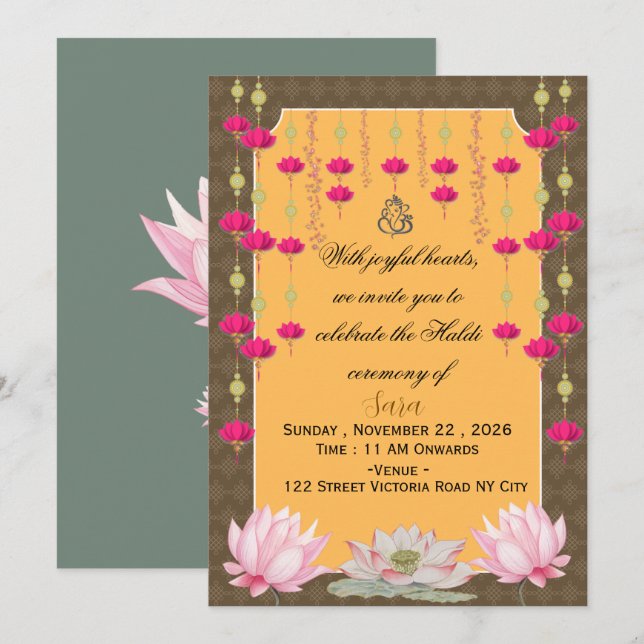 Cartão de Convite de Haldi de Casamento Indiano Ed (Frente/Verso)