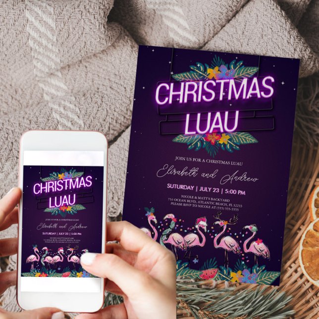 Cartão de Convite de Natal Luau Neon Flamingo (Christmas Luau Neon Flamingo Invitation)