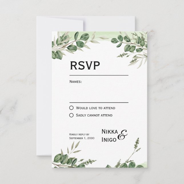 Cartão de Convite de RSVP Aquarela Verde (Frente)