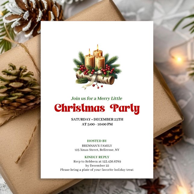 Cartão de Convite de Velas de Pinheiro Moderno par (Modern Pine Wreath Candles Holiday Invitation Card)