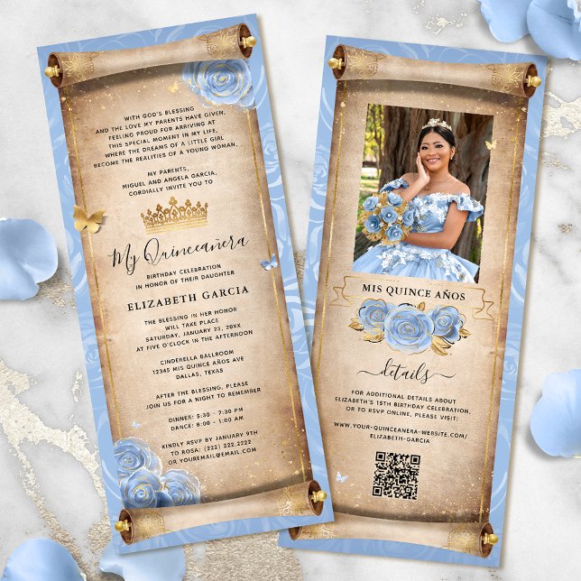 Cartão de Convite Dourado de Rolagem de Fresos de  (Elegant light baby blue and gold quinceanera scroll invitation cards for a fairytale birthday party.)