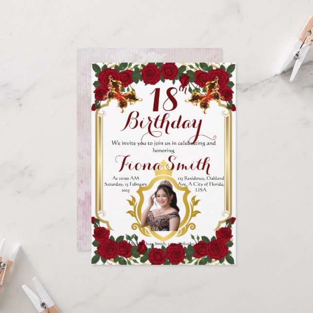 Cartão de Convite Floral de Aniversário Romântico  (Frente/Verso In Situ)