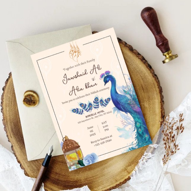 cartão de convite Nikkah de pavão muçulmano ilustr (illustrated peacock nikkah invitation wedding card muslim arabian nikkah nikah)