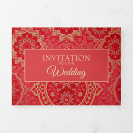 Cartão de Convite Padrão Dourado Vermelho ORIENTAL