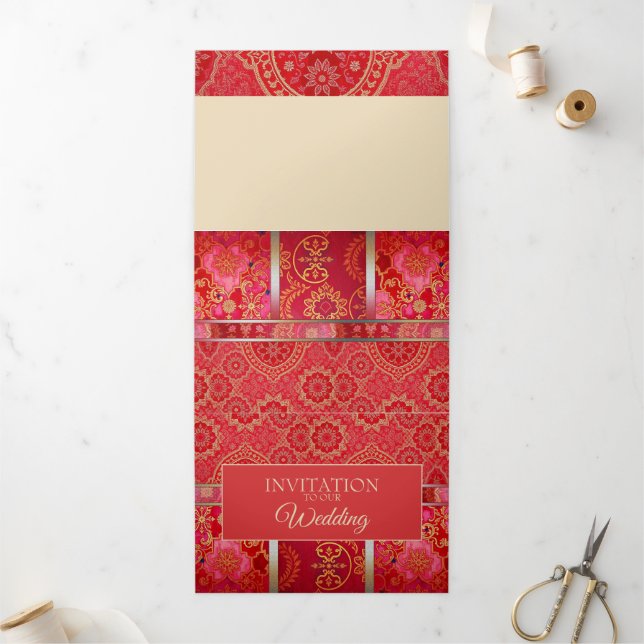 Cartão de Convite Padrão Dourado Vermelho ORIENTAL (Fora)