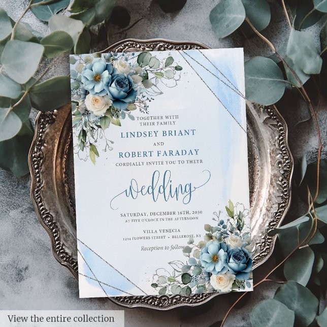 Cartão de Convite para Casamento Azul de Prata Azu (Luxury Dusty Blue Silver Wedding Invitation Card)