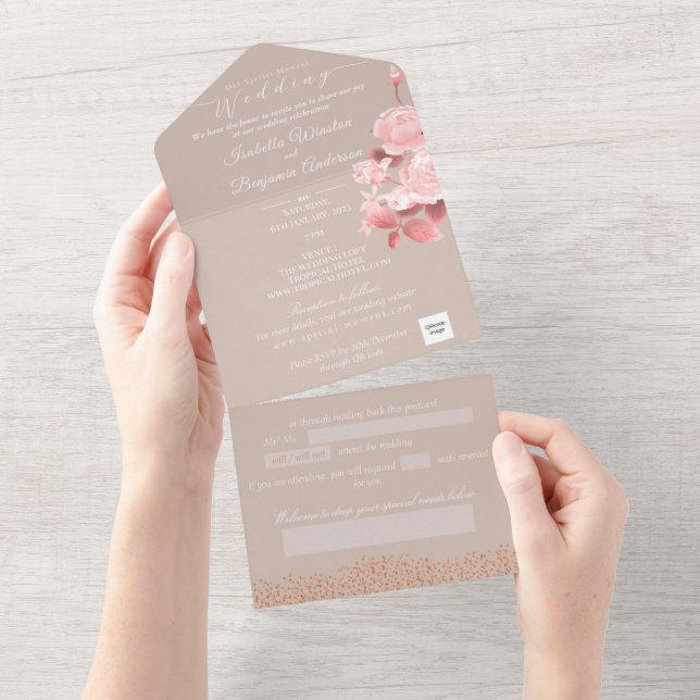 Cartão de Convite para Casamento Chic Rosa (Aba destacável)