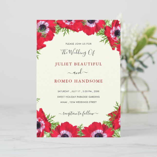 Cartão de Convite para Casamento de Flores Vermelh (Em pé/Frente)