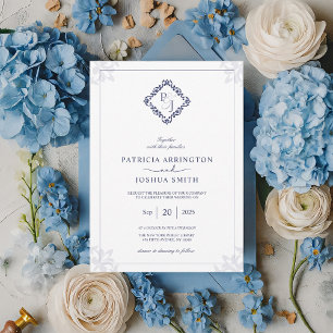 Cartão de Convite para Casamento de Monograma Azul