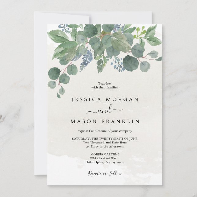 Cartão de Convite para Casamento Eucalyptus Azul D (Frente)