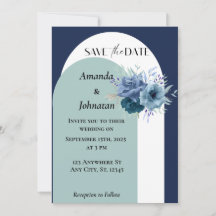 Cartão de Convite para Casamento Floral Azul Dusty