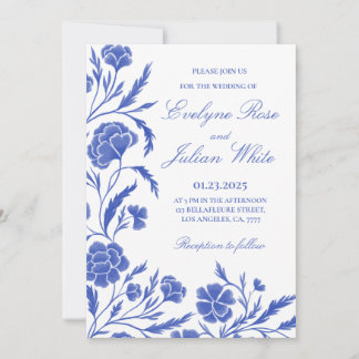 Cartão de Convite para Casamento Floral Azul Elega